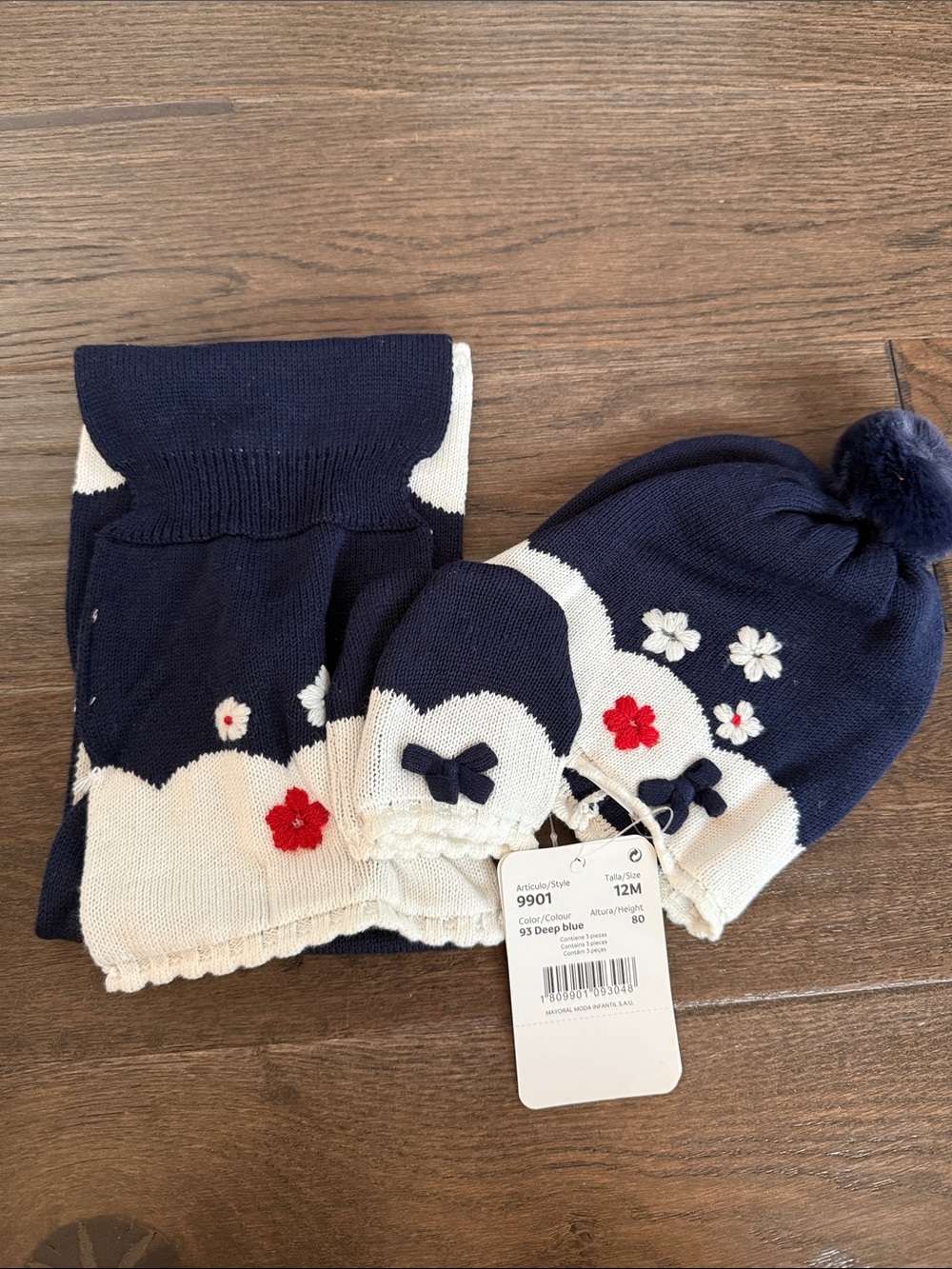 Mayoral Baby Girl Navy Blue Knit Hat, Scarf & Mittens Set with Floral Accents
